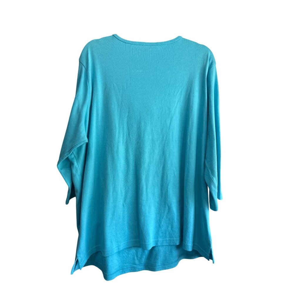 Quacker Factory Womens 2X Turquoise Embellished Scoop Neck 3/4 Sleeve Top - Picture 3 of 6